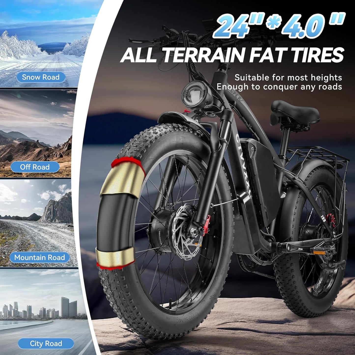 RIDEN X6 Dual-Motor Fat-Tyre Electric Bike | 52V Removable Battery, 7-Speed, 24" Fat Tyres, Hydraulic Brakes